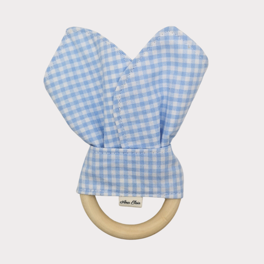 Bijtring stof ruit wit met blauw