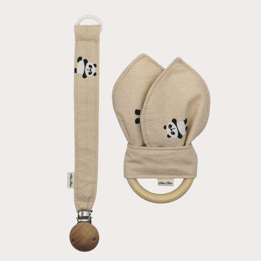 Set bijtring en speenkoord beige met panda