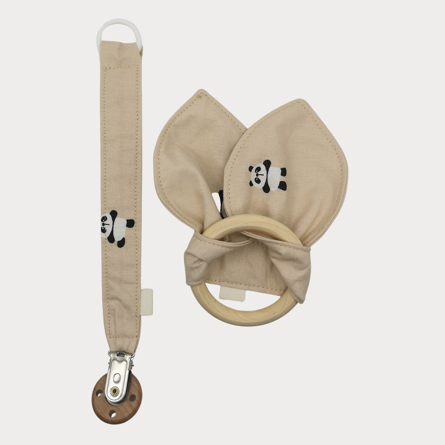 Set met naam bijtring en speenkoord beige met panda