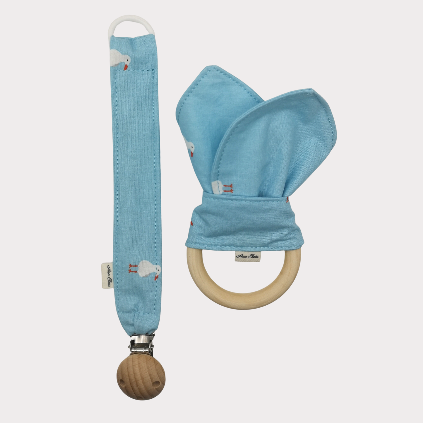 Set bijtring en speenkoord blauw met meeuwen