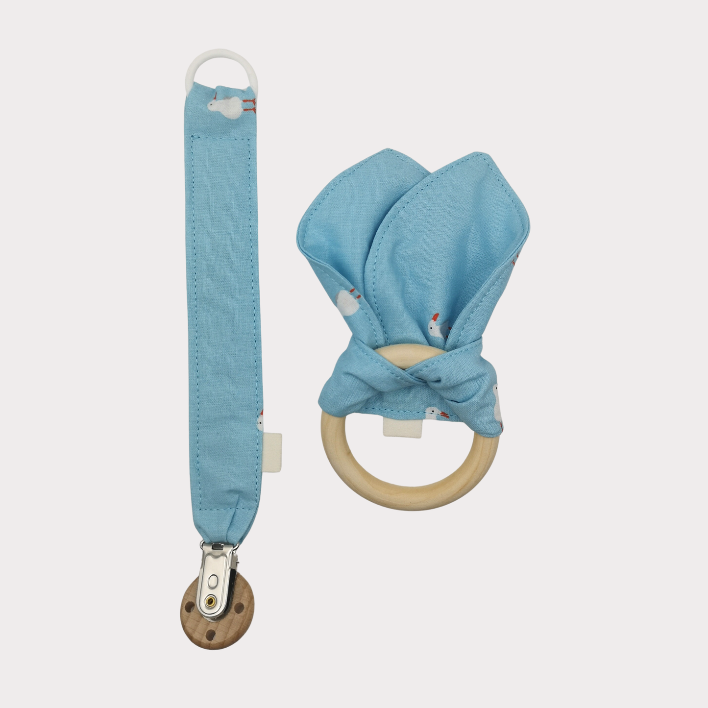 Set bijtring en speenkoord blauw met meeuwen