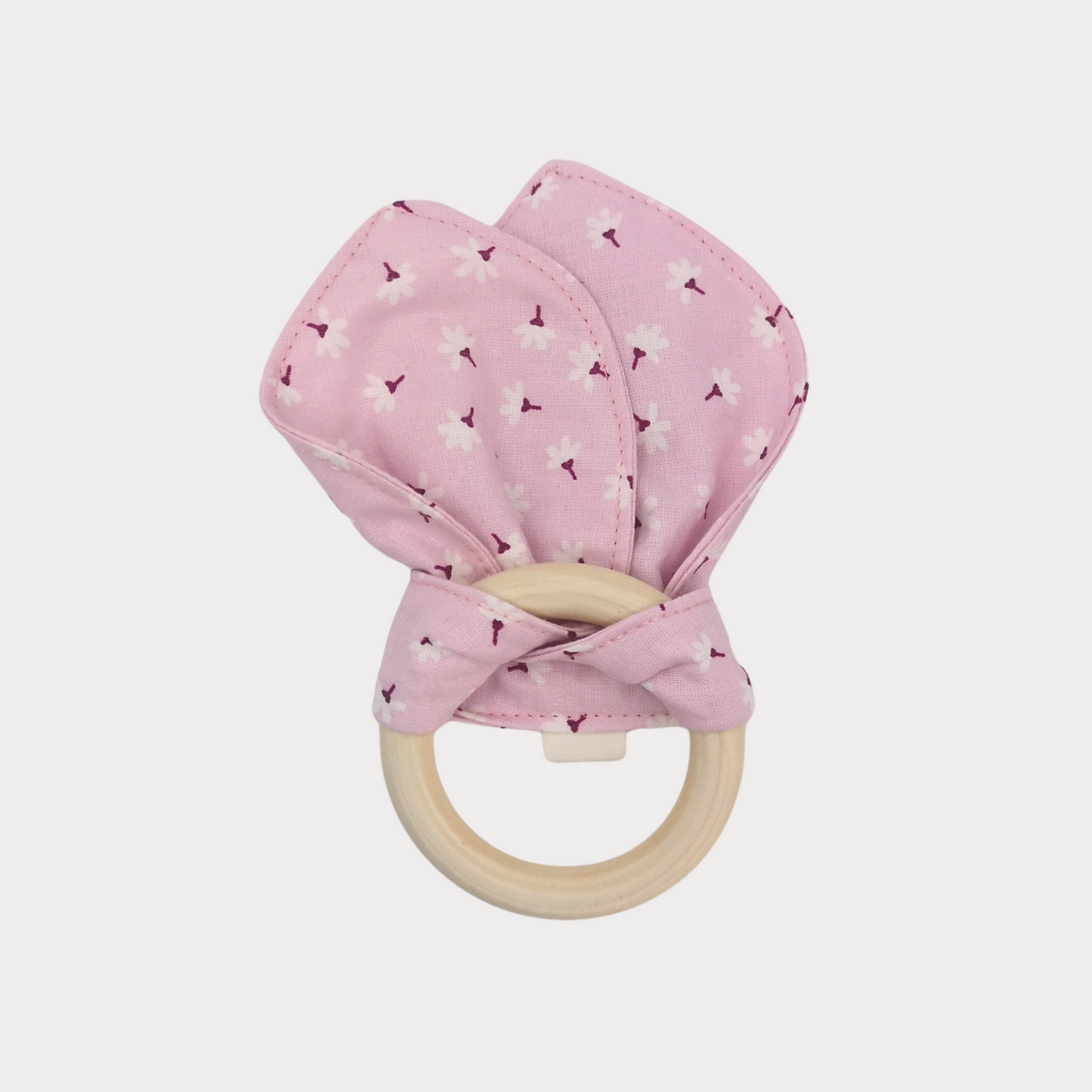 Bijtring stof roze met bloemetjes