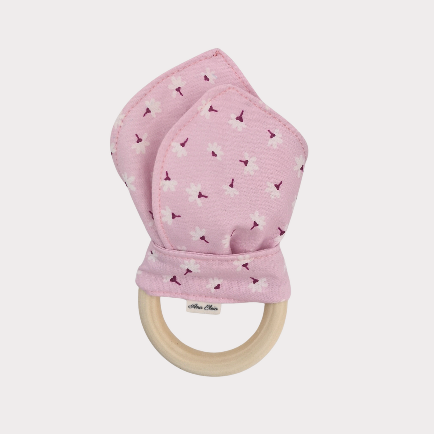 Bijtring stof roze met bloemetjes