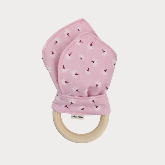 Bijtring stof roze met bloemetjes