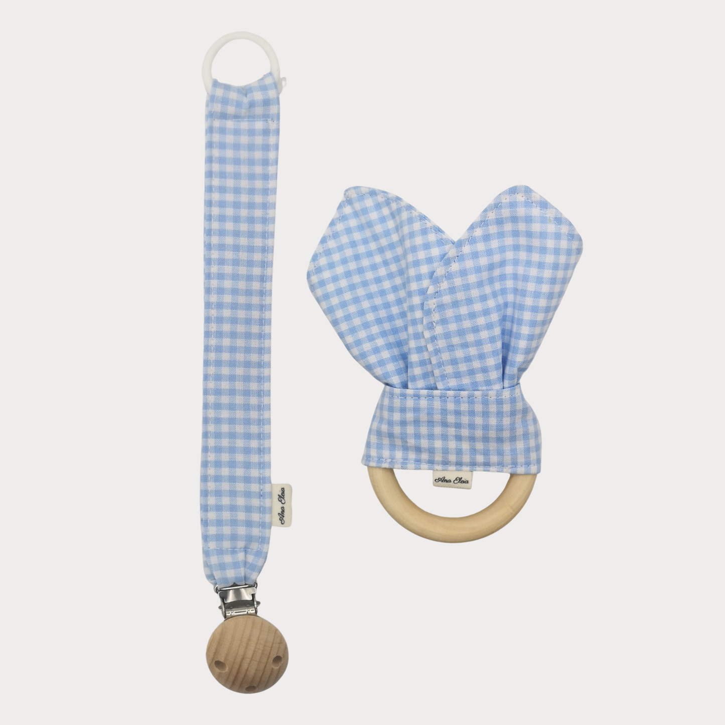 Set bijtring en speenkoord ruit wit met blauw