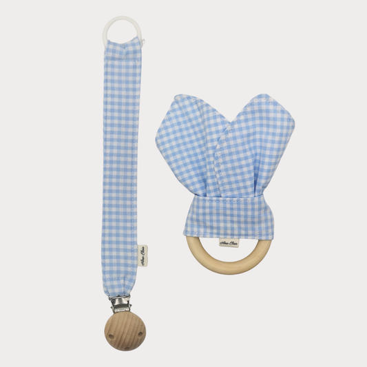 Set bijtring en speenkoord ruit wit met blauw