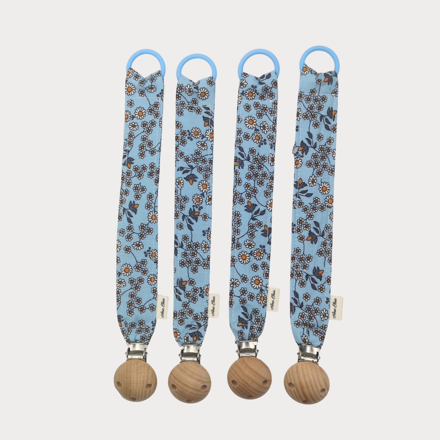 Speenkoord met naam stof blauw met bloemetjes