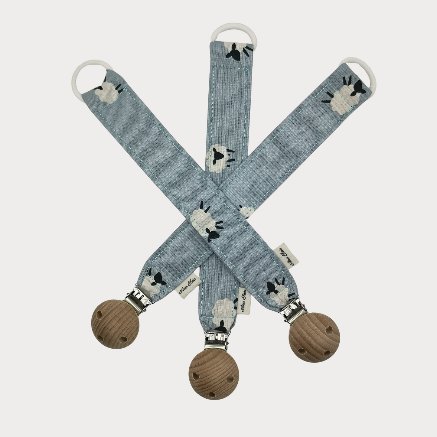 Speenkoord met naam stof blauw met schaapjes