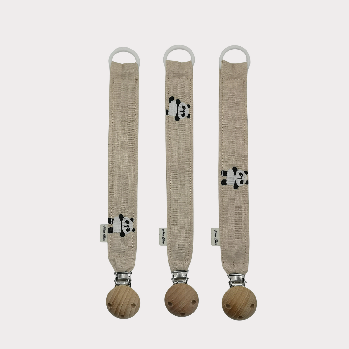 Speenkoord met naam stof beige met panda