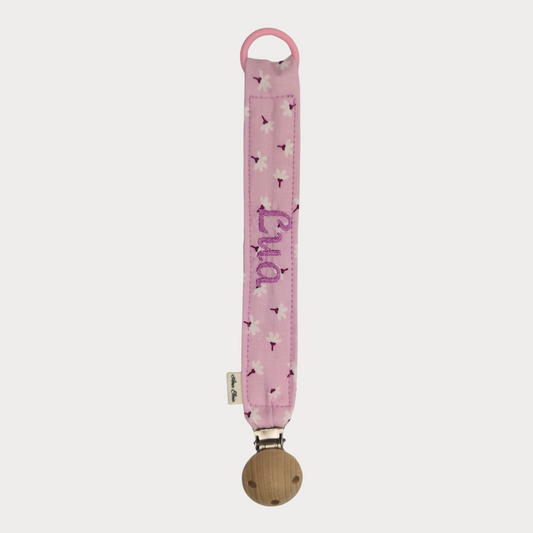 Speenkoord met naam stof roze met bloemetjes