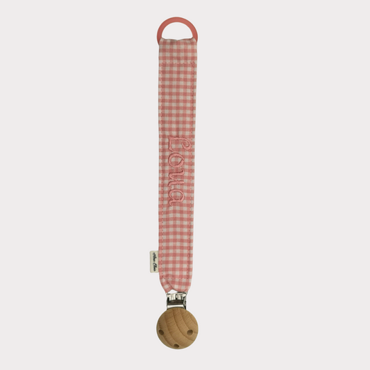 Speenkoord met naam stof ruit rood met wit