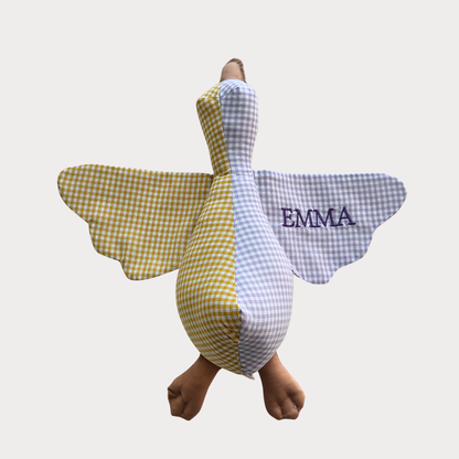 Knuffel gans met naam stof combi ruit geel en lila