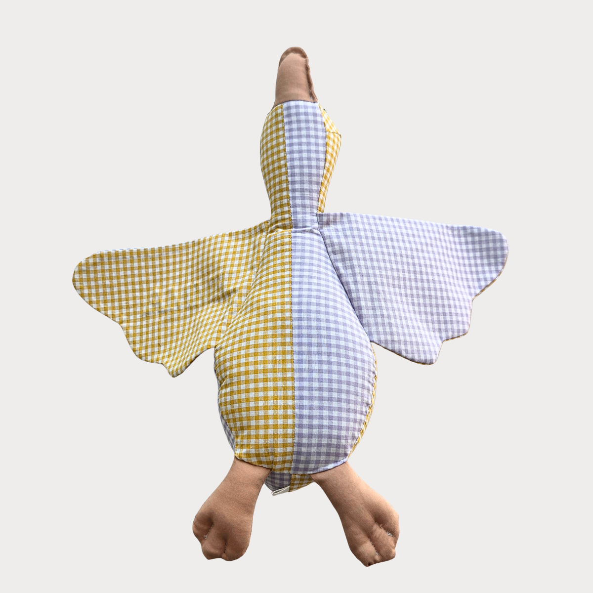 Knuffel gans met naam stof combi ruit geel en lila