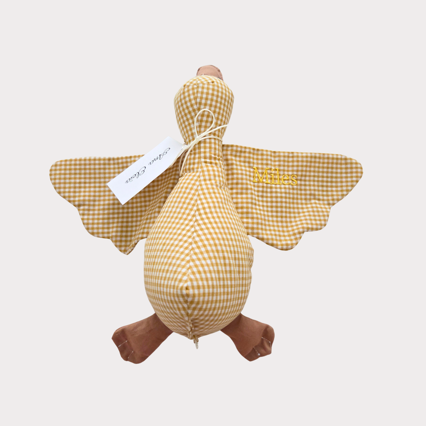 Knuffel gans met naam stof ruit wit met geel