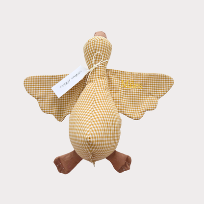 Knuffel gans met naam stof ruit wit met geel