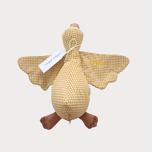 Knuffel gans met naam stof ruit wit met geel