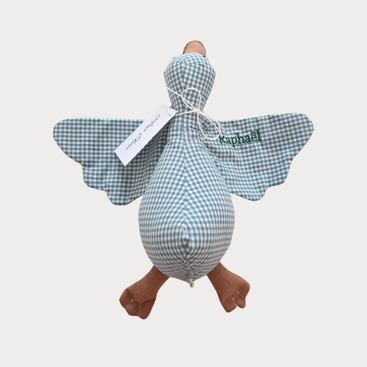 Knuffel gans met naam stof ruit wit met groen
