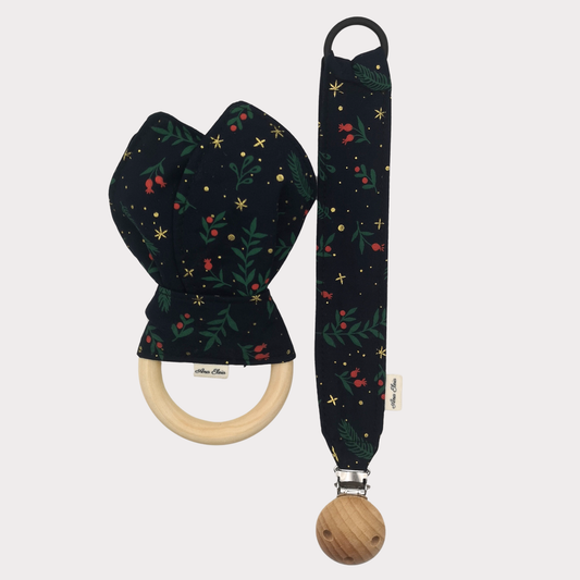 Set bijtring en speenkoord donkerblauw met kerstprint