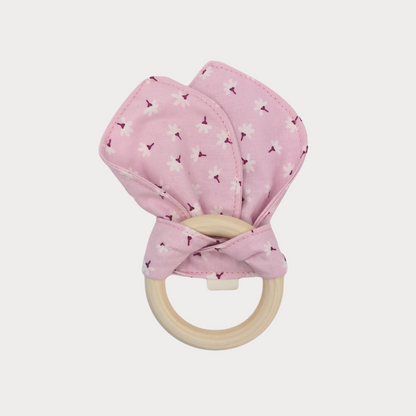 Bijtring stof roze met bloemetjes