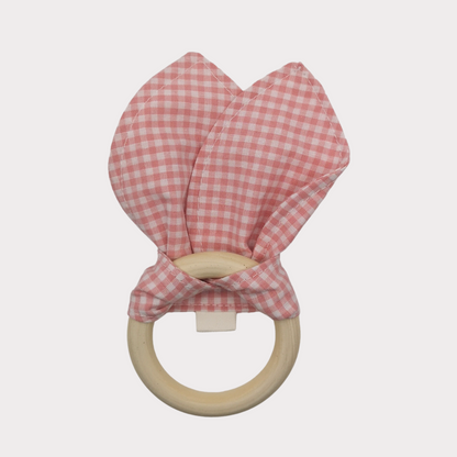 Bijtring stof ruit wit met rood