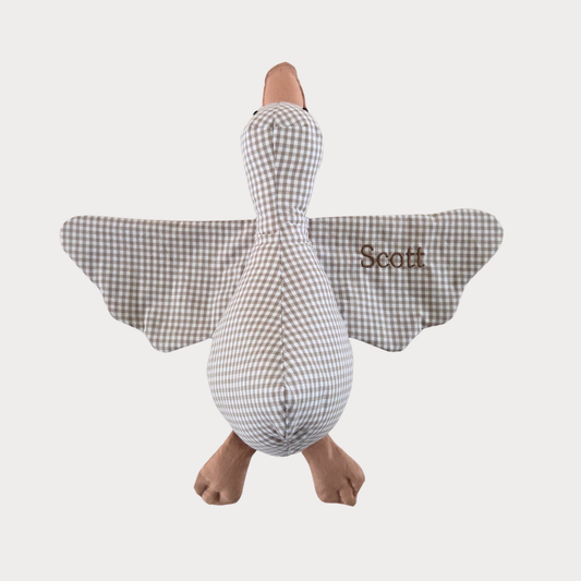 Knuffel gans met naam stof ruit wit met beige