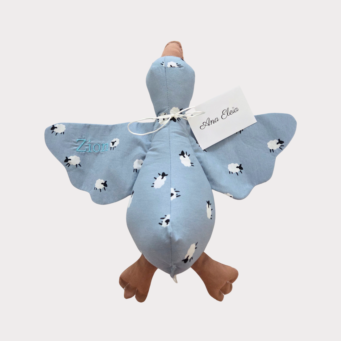 Knuffel gans met naam stof blauw met schaapjes