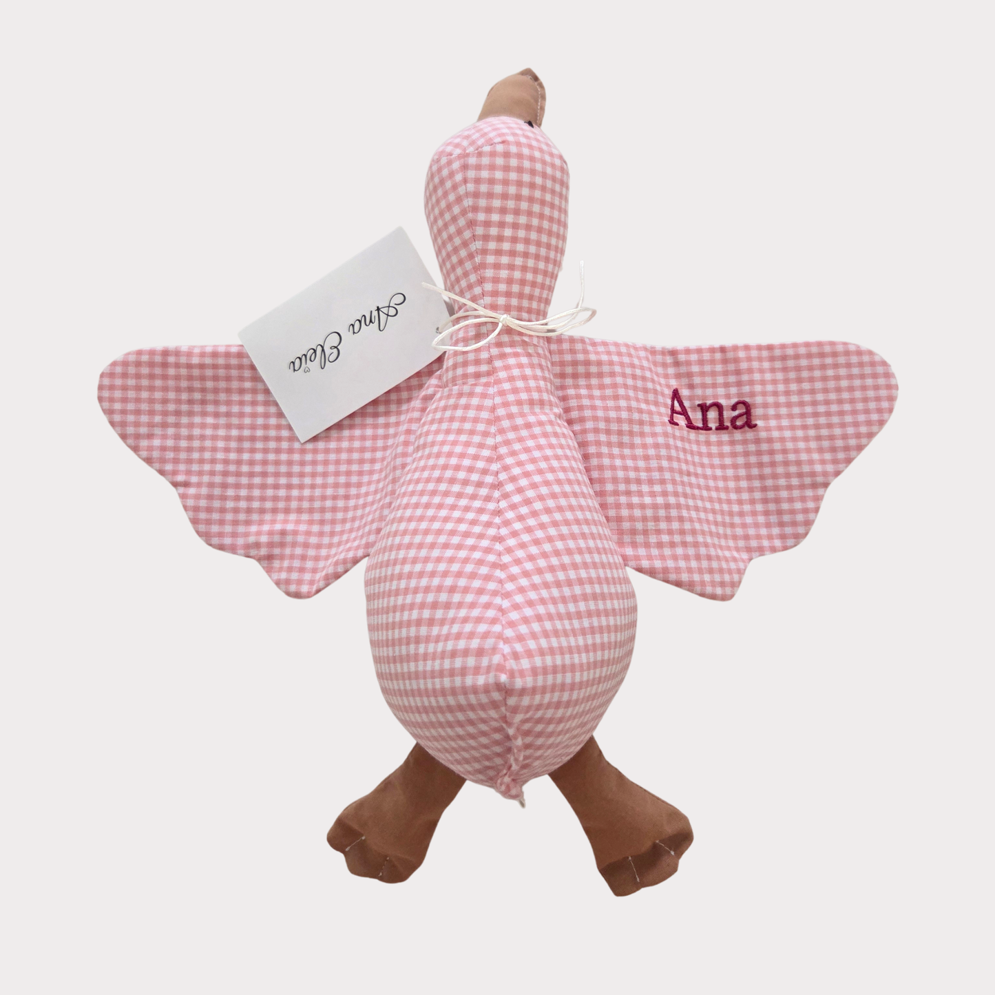 Knuffel gans met naam stof ruit wit met roze