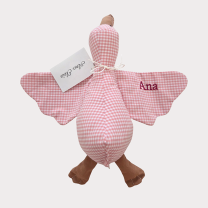 Knuffel gans met naam stof ruit wit met roze