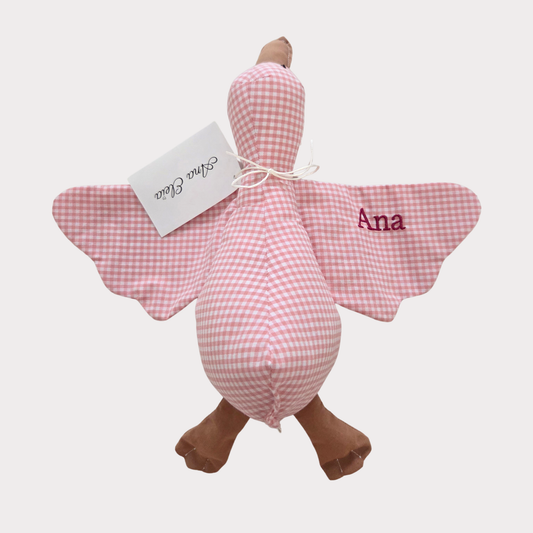 Knuffel gans met naam stof ruit wit met roze