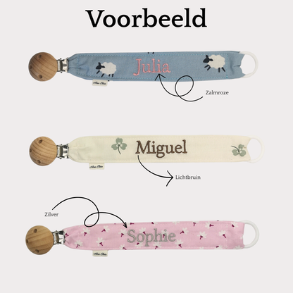 Speenkoord met naam stof beige met witte hartjes