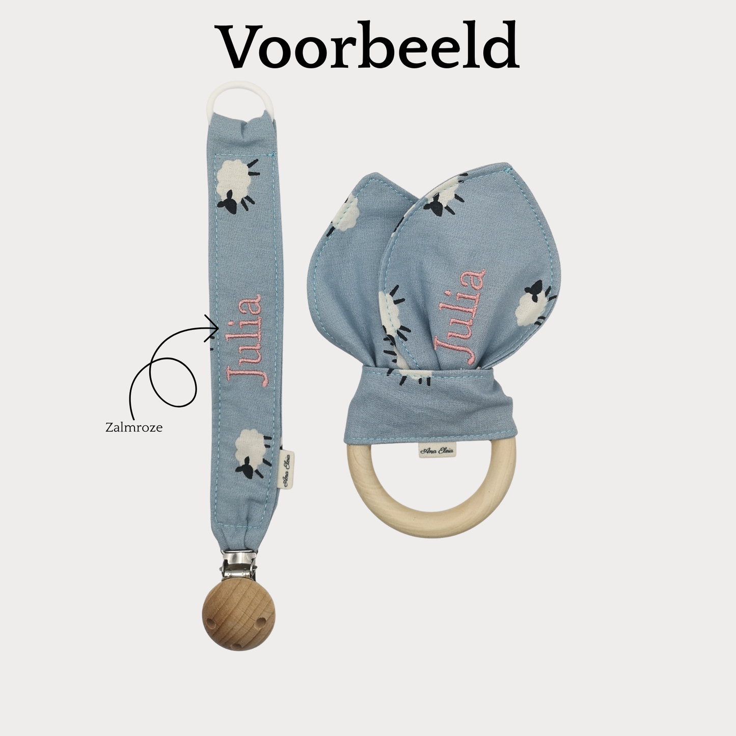 Set met naam bijtring en speenkoord beige met panda